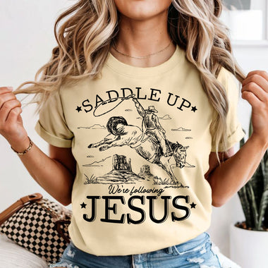 Saddle Up We're Following Jesus Black DTF Transfer
