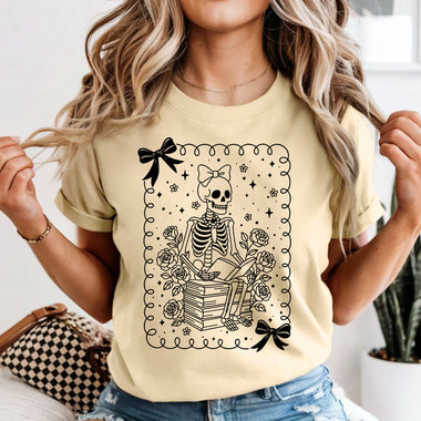 Skeleton Reading with Bow DTF Transfer