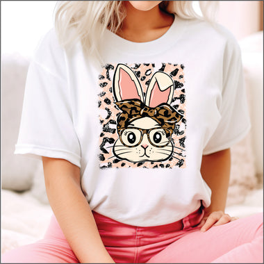 Bunny with glasses pink leopard DTF Transfer