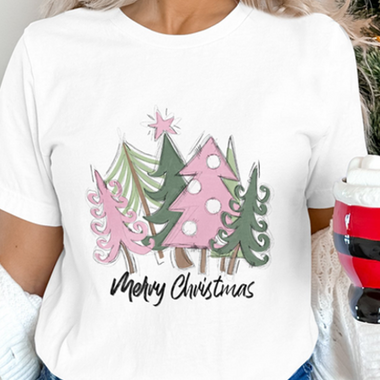 Merry Christmas Trees Pink and Green DTF Transfer