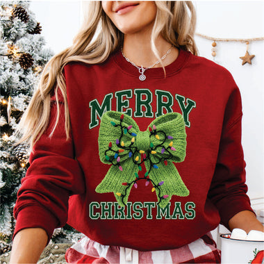 Faux Yarn Merry Christmas Green Bow