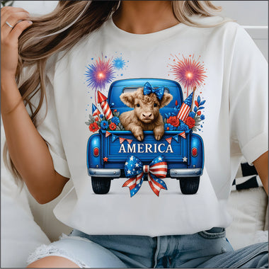 Highland Cow in Blue Truck