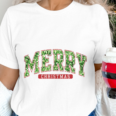 Glitter Merry Christmas Green DTF Transfer