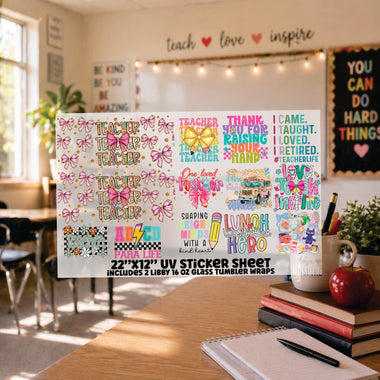 UV DTF Teacher Sticker Sheet 22"x12" Includes 2 Libby 16oz glass can wraps