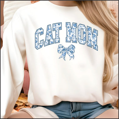Cat Mom Blue Floral DTF Transfer