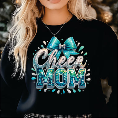 Cheer Mom Sequin Bow Bright Aqua DTF Transfer