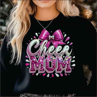 Cheer Mom Sequin Bow Bright Pink DTF Transfer