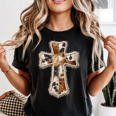 Cowhide Cross with Faux Pearls DTF Transfer