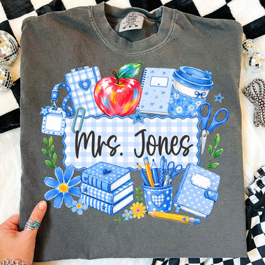 Custom Blue Checkered Teacher DTF Transfer DTF Heat Press Transfer from Sweet Tee Transfers