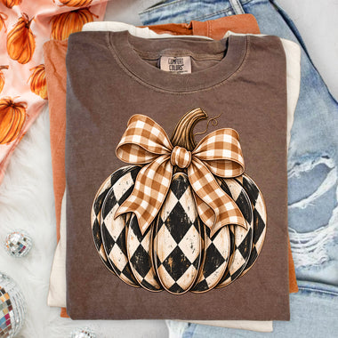 Checkered Pumpkin with Buffalo Plaid Bow DTF Transfer DTF Heat Press Transfer from Sweet Tee Transfers
