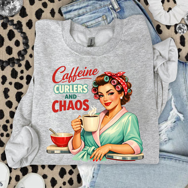 Caffeine Curlers and Chaos DTF Transfer DTF Heat Press Transfer from Sweet Tee Transfers