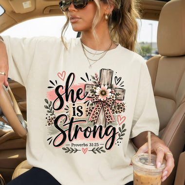 She Is Strong Proverbs 31:25 Floral Cross DTF Transfer DTF Heat Press Transfer from Sweet Tee Transfers