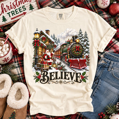 Vintage Santa Christmas Train Station Believe DTF Transfer DTF Heat Press Transfer from Sweet Tee Transfers