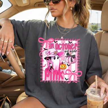 In October We Wear Pink Ghost DTF Transfer DTF Heat Press Transfer from Sweet Tee Transfers