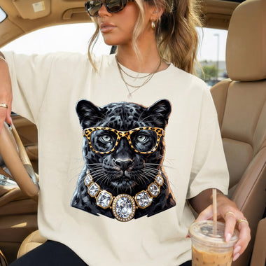 Glam Black Panther with Leopard Glasses and Diamond Necklace DTF Transfer DTF Heat Press Transfer from Sweet Tee Transfers