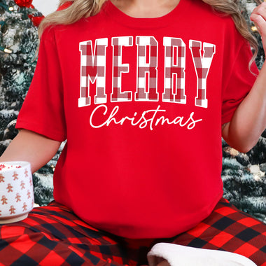 Merry Christmas Varsity Red Checkered DTF Transfer DTF Heat Press Transfer from Sweet Tee Transfers