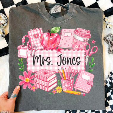 Custom Pink Checkered Teacher DTF Transfer DTF Heat Press Transfer from Sweet Tee Transfers