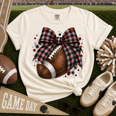Red Black and Grey Gingham Bow Football DTF Transfer DTF Heat Press Transfer from Sweet Tee Transfers