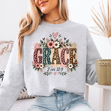 Grace 2 Cor 12:9 Floral Leopard DTF Transfer DTF Heat Press Transfer from Sweet Tee Transfers
