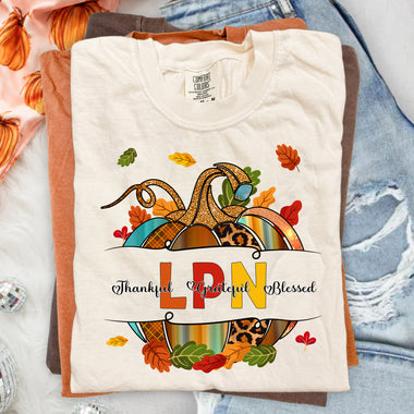 LPN Fall Pumpkin Thankful Grateful Blessed DTF Transfer DTF Heat Press Transfer from Sweet Tee Transfers