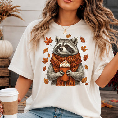 Fall Raccoon with Coffee DTF Transfer DTF Heat Press Transfer from Sweet Tee Transfers
