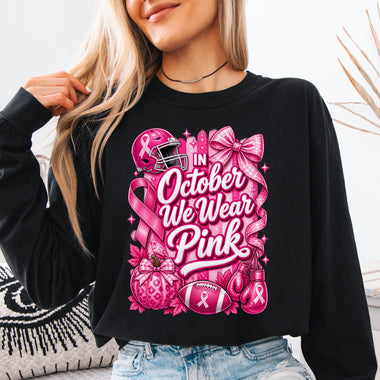 In October We Wear Pink Football DTF Transfer DTF Heat Press Transfer from Sweet Tee Transfers