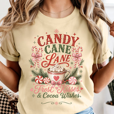 Candy Cane Lane Frost Kisses and Cocoa Wishes DTF Transfer DTF Heat Press Transfer from Sweet Tee Transfers