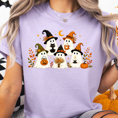 Halloween Ghosts with Witch Hats and Fall Florals DTF Transfer DTF Heat Press Transfer from Sweet Tee Transfers