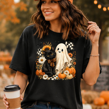 Halloween Black Cat Cute Ghost and Pumpkin Checkered DTF Transfer DTF Heat Press Transfer from Sweet Tee Transfers