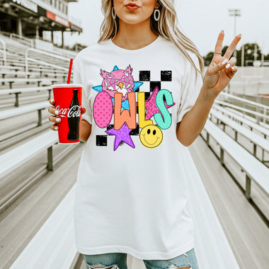 Owls School Mascot DTF Transfer – Checkered Design DTF Heat Press Transfer from Sweet Tee Transfers