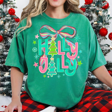 Holly Jolly With Bright Bow DTF Transfer DTF Heat Press Transfer from Sweet Tee Transfers