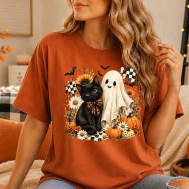 Halloween Black Cat Cute Ghost and Pumpkin Checkered DTF Transfer DTF Heat Press Transfer from Sweet Tee Transfers