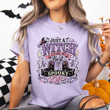 Just a Witch Living My Best Spooky Life DTF Transfer DTF Heat Press Transfer from Sweet Tee Transfers