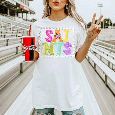 Saints School Mascot DTF Transfer – Bright Letters DTF Heat Press Transfer from Sweet Tee Transfers