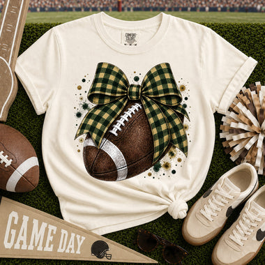 Dark Green and Gold Gingham Bow Football DTF Transfer DTF Heat Press Transfer from Sweet Tee Transfers