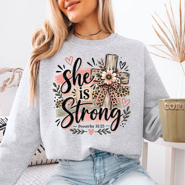 She Is Strong Proverbs 31:25 Floral Cross DTF Transfer DTF Heat Press Transfer from Sweet Tee Transfers