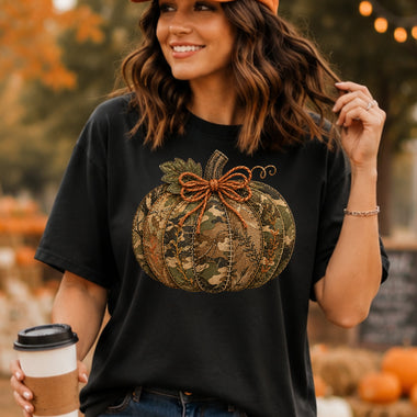 Camo Pumpkin Faux Embroidery DTF Transfer DTF Heat Press Transfer from Sweet Tee Transfers