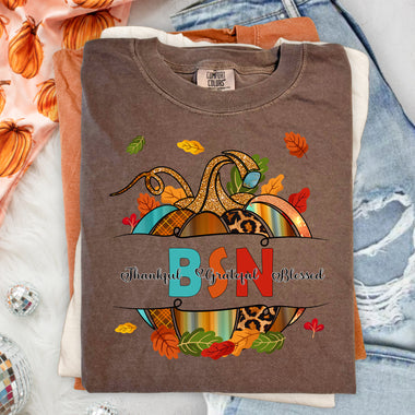 BSN Fall Pumpkin Thankful Grateful Blessed DTF Transfer DTF Heat Press Transfer from Sweet Tee Transfers