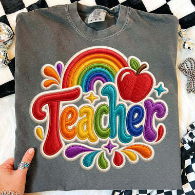 Faux Stitch Teacher Bright Colors DTF Transfer DTF Heat Press Transfer from Sweet Tee Transfers