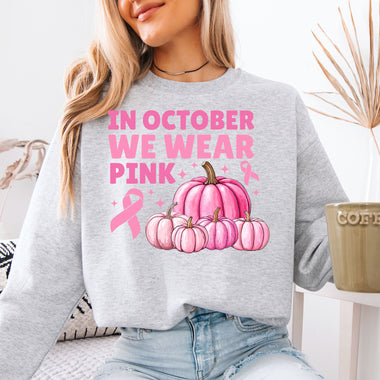 In October We Wear Pink with Pumpkins DTF Transfer DTF Heat Press Transfer from Sweet Tee Transfers