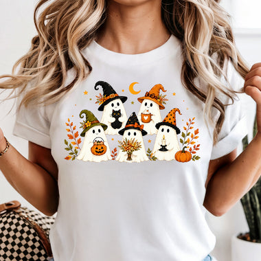 Halloween Ghosts with Witch Hats and Fall Florals DTF Transfer DTF Heat Press Transfer from Sweet Tee Transfers