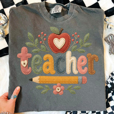 Faux Stitch Teacher with Apple Heart DTF Transfer DTF Heat Press Transfer from Sweet Tee Transfers