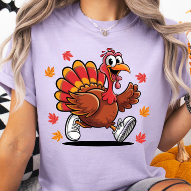 Running Turkey with Sneakers and Fall Leaves DTF Transfer DTF Heat Press Transfer from Sweet Tee Transfers