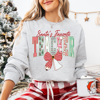 Coquette Santa's Favorite Teacher DTF Transfer DTF Heat Press Transfer from Sweet Tee Transfers