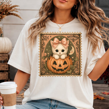 Retro Halloween Stamp Pumpkin White Cat DTF Transfer DTF Heat Press Transfer from Sweet Tee Transfers