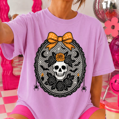 Halloween Lace Frame Skull with Bow DTF Transfer DTF Heat Press Transfer from Sweet Tee Transfers