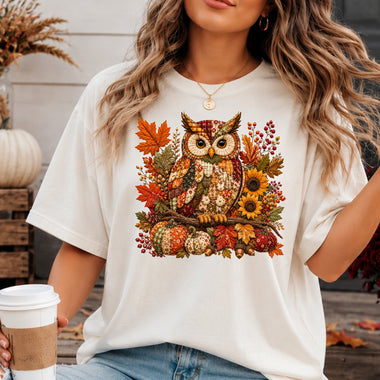 Patchwork Autumn Fall Woodland Owl DTF Transfer DTF Heat Press Transfer from Sweet Tee Transfers