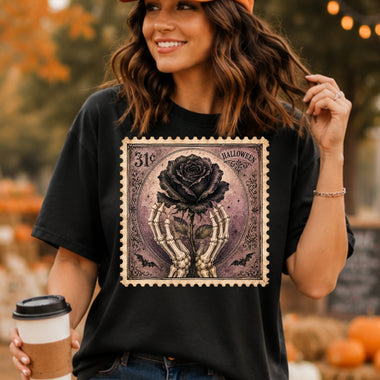 Retro Halloween Stamp Black Rose DTF Transfer DTF Heat Press Transfer from Sweet Tee Transfers