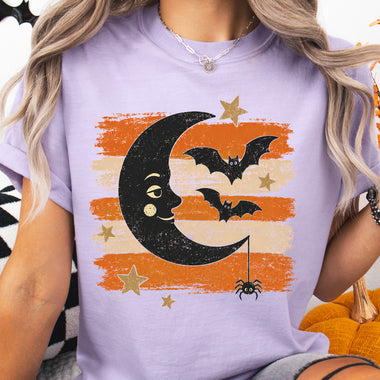 Retro Brushstroke Moon and Bats DTF Transfer DTF Heat Press Transfer from Sweet Tee Transfers