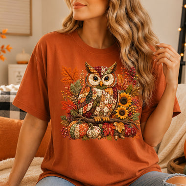 Patchwork Autumn Fall Woodland Owl DTF Transfer DTF Heat Press Transfer from Sweet Tee Transfers